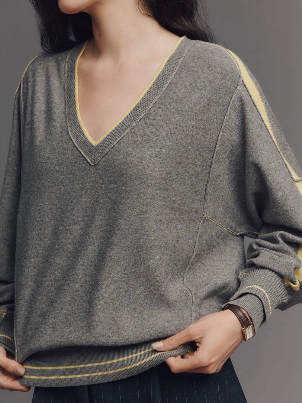 Anthropologie Pilcro Gray V-Neck Sweater with Yellow Trim Wool Blend XL NWT